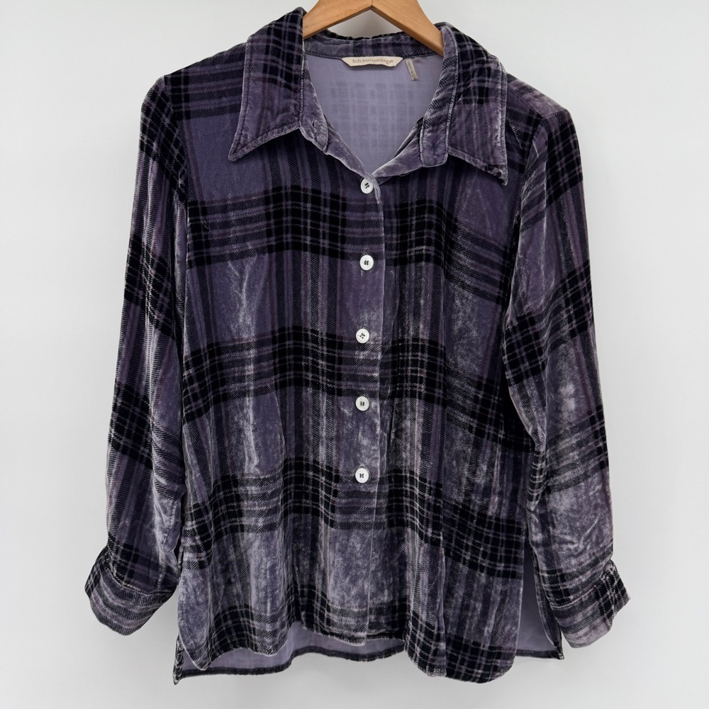 Soft Surroundings Purple Plaid Crushed Velvet Button Down Shirt Womens Medium